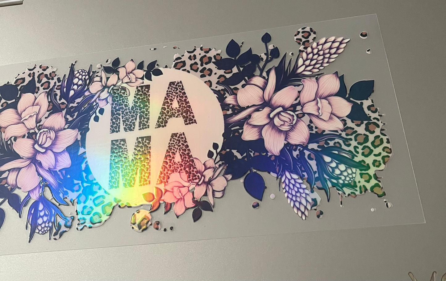 Holographic Mama Cheetah Floral Decal