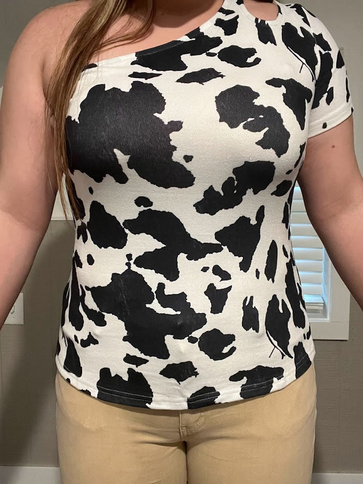 One Shoulder Cow Print Cut Out Sleeve Top